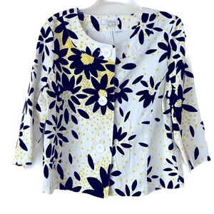 Erin London Dressy Blazer, Sz. L, White w/ Black/Yellow Flowers, 3/4 Sleeves